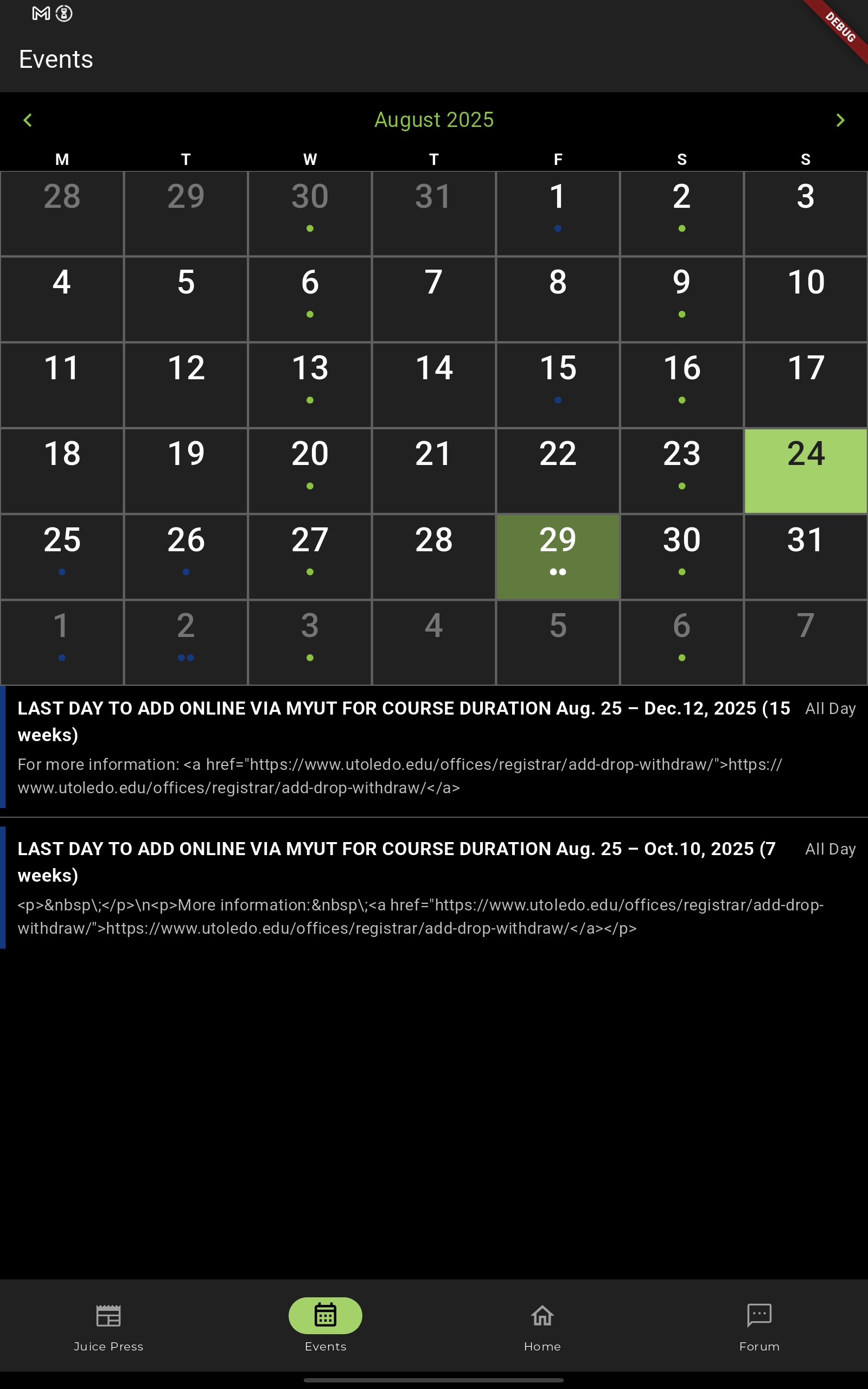 Image of Juice House calendar, after the code was implemented