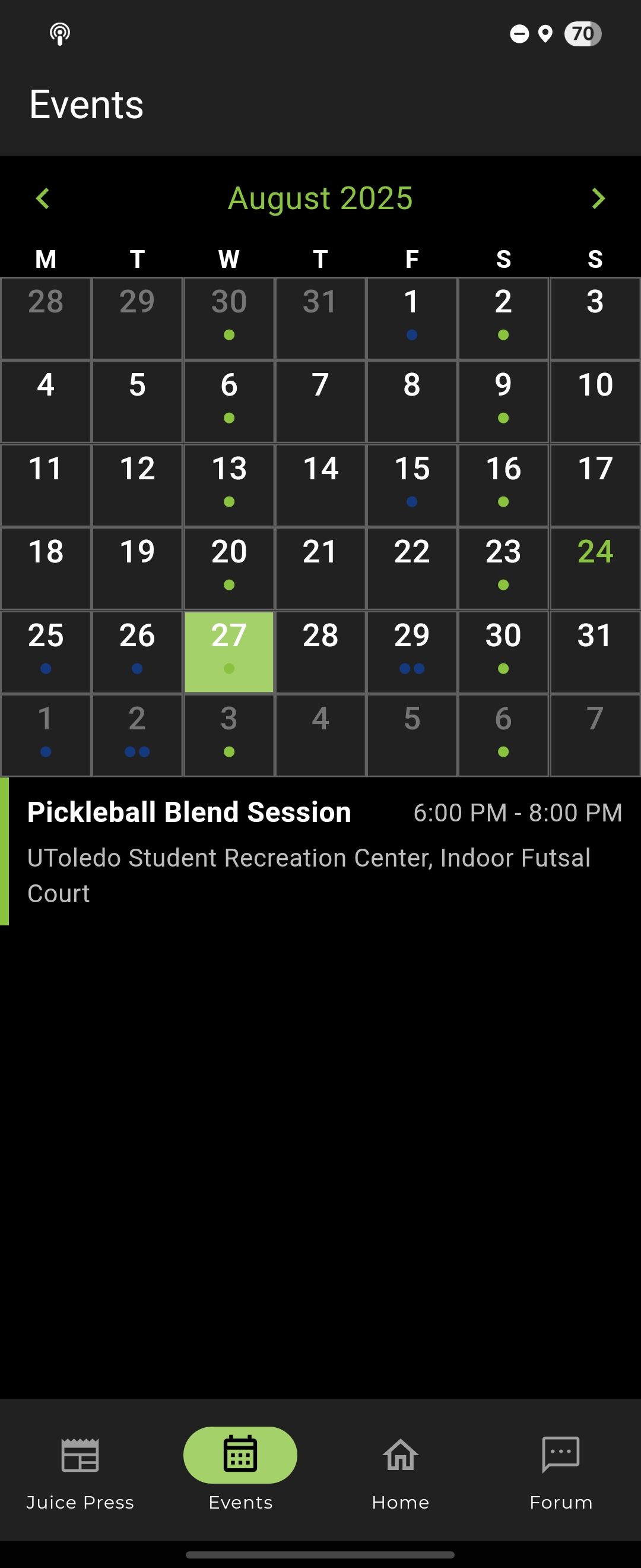 Image of Juice House calendar, before the new code is implemented